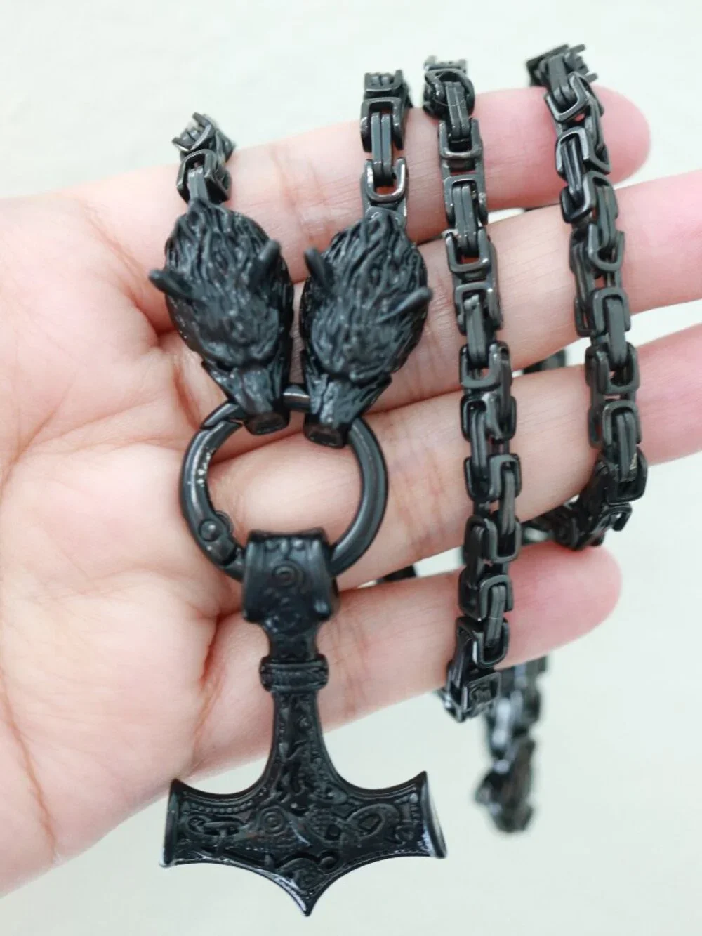 Thor Hammer Viking Style with Wolf Byzantine Chain Necklace Black Stainless Stee